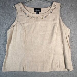 Requirements Linen Blend Tank Top Sz 16 Embellished Neckline Sleeveless Beige